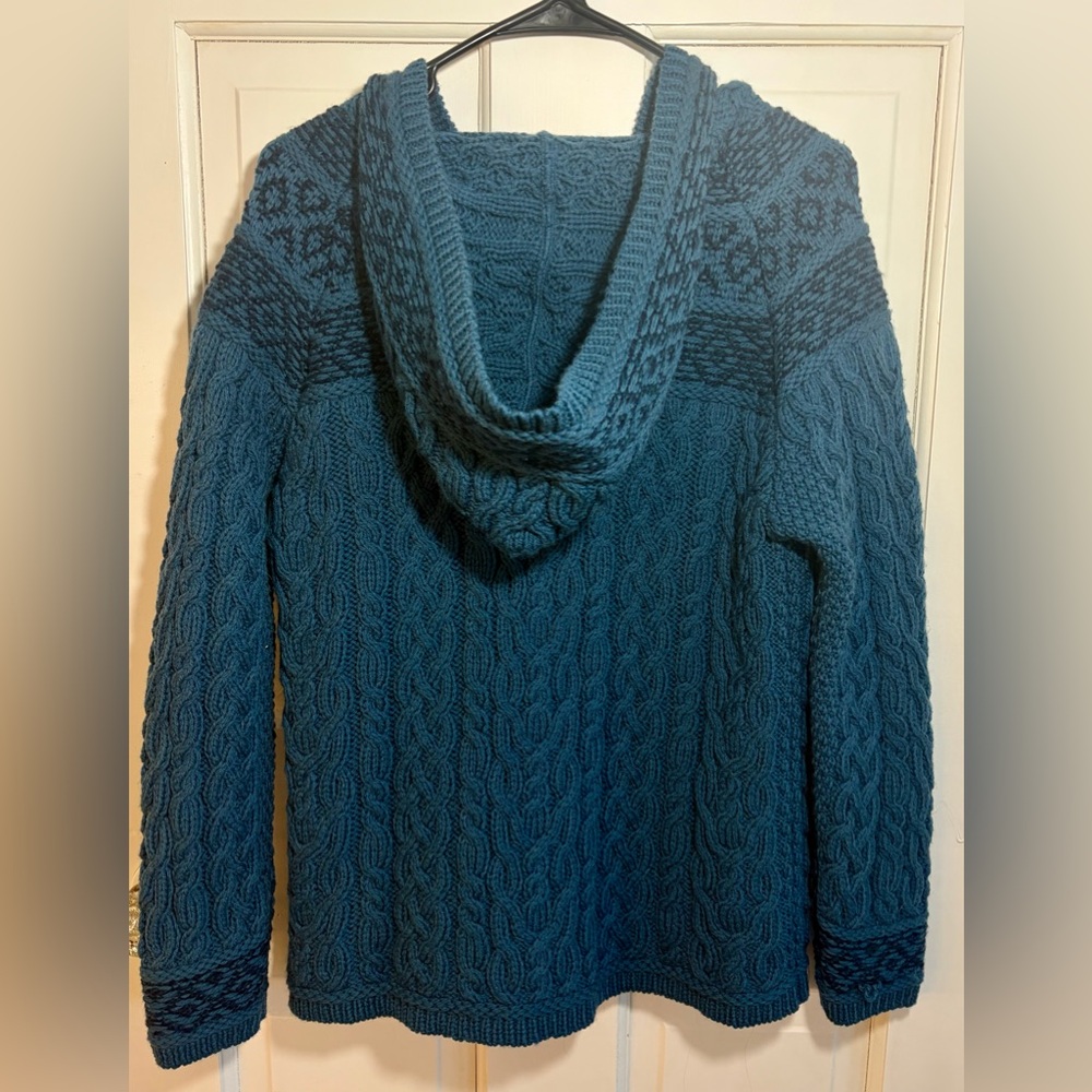 Aran Crafts Ireland Cable Knit Hoodie Sweater Womens M Blue Full Zip Chunky Wool - Picture 5 of 6
